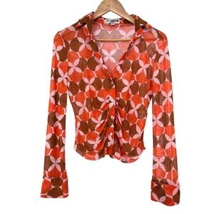 Y2K Shes So Fresh Orange Pink Retro Geometric Mesh Ruched Button Down Top Size M